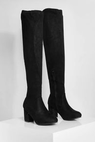 Size 4 Black Wide Fit Faux Suede Block Heel Stretch Over The Knee Boots