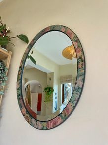 Vintage Oval Bevelled Mirror, Floral Wood Frame