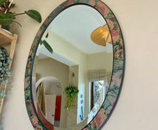Vintage Oval Bevelled Mirror, Floral Wood Frame