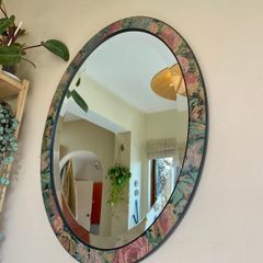Vintage Oval Bevelled Mirror, Floral Wood Frame