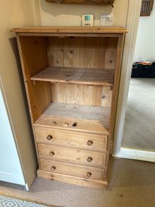 Solid pine shelving unit with three drawers