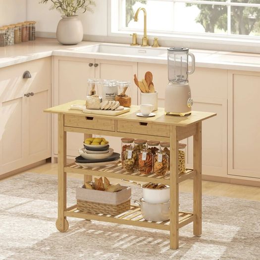 Bamboo Kitchen Cart with 2 Drawers, 2 Slatted Shelves and 2 Wheels, 100x43x75 cm, Wood