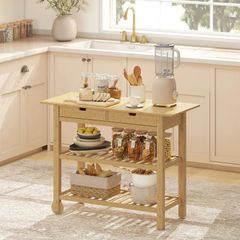 Bamboo Kitchen Cart with 2 Drawers, 2 Slatted Shelves and 2 Wheels, 100x43x75 cm, Wood