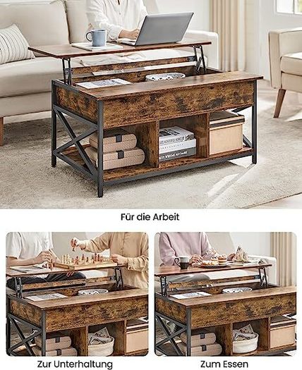 Retro Coffee Table Vintage Height-Adjustable Living Room Table, Coffee Table, Open and Hidden Storage Space, X-Braces, 60 x 100 x (48-62) cm, Vintage Brown/Black
