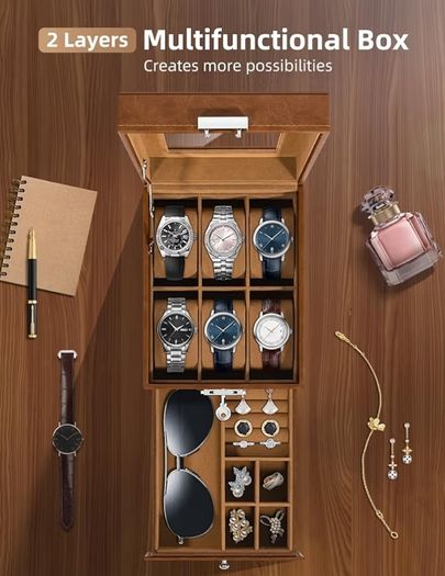2-Tier Watch Case with Key Lock, Glass Lid, Watch Display Box for Men and Women, Brown Synthetic Leather, Brown Velvet Lining, Removable Pillows, Jewelry Storage Box, Gift Idea