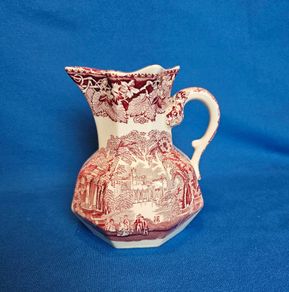Vintage Mason's Vista Ironstone Pitcher: Pink & White Jug