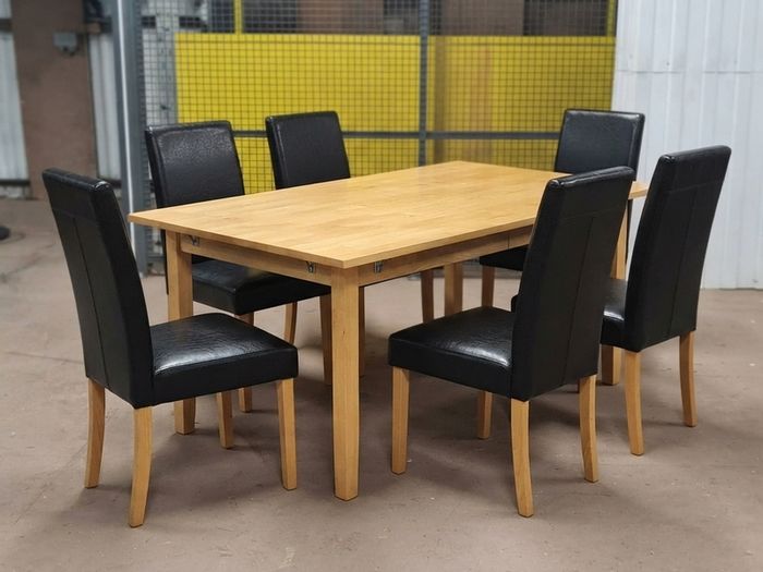 Solid Wooden Dining Table with 6 Black Faux Leather Chairs  Storage Clearance