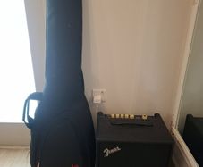Bass guitar with case and amp