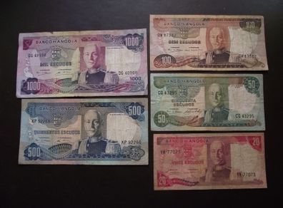 Angola: Set Of 5 Notes: 1000e+500e+100e+50e+20e (1972)