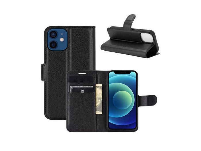 For iPhone 12 Mini Wallet Case Cover Flip Book PU Leather Holder Card Slots Black - FHT07IPK1