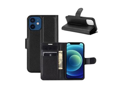 For iPhone 12 Mini Wallet Case Cover Flip Book PU Leather Holder Card Slots Black - FHT07IPK1