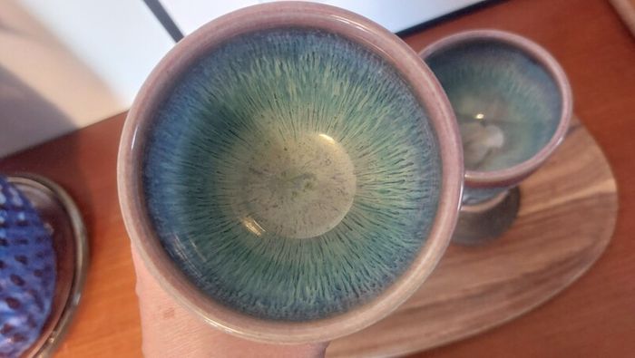 Wonderful Pair of Studio Art Pottery Goblets by Martin Branch Lyre Pottery, Cloncorban, Rossmore, Clonakilty, West Cork in a Fabulous Colourful Variegated Glaze. Pair One