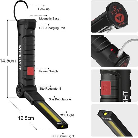 LED Torch Rechargeable Work Light, Emergency Inspection Lamp 360 Rotate Mechanic Light with Magnetic Base Hook (2 Pack, Black)