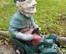 Vintage Reconstuted stone garden gnome on car, hand painted