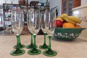Fabulous Set of Six Mid Century Champagne Flutes with Green Stems - Perfect for Celebrating St. Patrick's Day or Any Other Special Occasion!