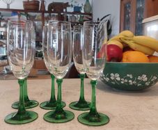 Fabulous Set of Six Mid Century Champagne Flutes with Green Stems - Perfect for Celebrating St. Patrick's Day or Any Other Special Occasion!