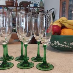Fabulous Set of Six Mid Century Champagne Flutes with Green Stems - Perfect for Celebrating St. Patrick's Day or Any Other Special Occasion!