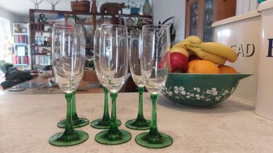 Fabulous Set of Six Mid Century Champagne Flutes with Green Stems - Perfect for Celebrating St. Patrick's Day or Any Other Special Occasion!