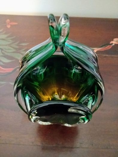 Vintage Green Art Glass Basket Vase by Josef Hospodka. Chribska Glassworks.