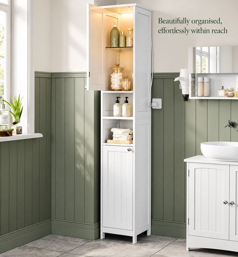 Slim Tall Bathroom Storage Cabinet with Door Activated Light 170cm