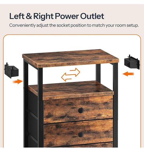 Bedside Table with Charging Station, End Table with 3 Fabric Drawers, Sofa Side Table with USB Ports and Socket, Nightstand for Bedroom, Living Room, Rustic Brown and Black