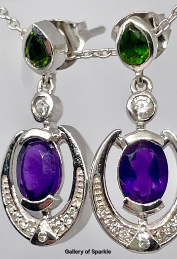 AAA African Amethyst, Natural Chrome Diopside & White Zircon Dangling Push Back Earring in Rhodium Overlay Sterling Silver