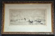 Dry point etching, print. William Lionel Wyllie (1851-1931) Shipping off Portsmouth &amp; Fishing boats putting out to sea.