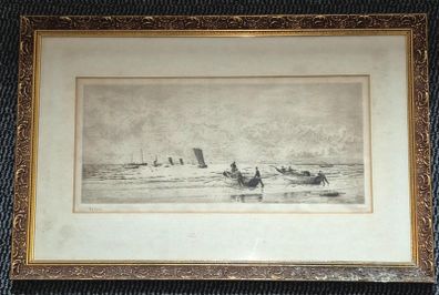 Dry point etching, print. William Lionel Wyllie (1851-1931) Shipping off Portsmouth & Fishing boats putting out to sea.