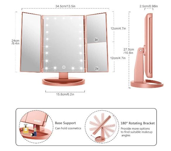 Illuminated Makeup Mirror, Trifold Vanity Mirror with 1X / 2X / 3X Magnification, Natural Looking LEDs, Touch Screen, Rechargeable Mirror
