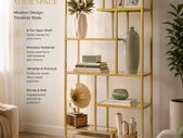 180cm Modern Glass Display Shelf Black or Gold Metal Bookcase 6 Tier Shelving Unit