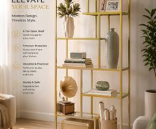 180cm Modern Glass Display Shelf Black or Gold Metal Bookcase 6 Tier Shelving Unit