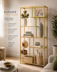 180cm Modern Glass Display Shelf Black or Gold Metal Bookcase 6 Tier Shelving Unit