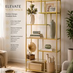 180cm Modern Glass Display Shelf Black or Gold Metal Bookcase 6 Tier Shelving Unit