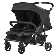 Double Stroller, Side x Side, Foldable Lightweight Twin Stroller with Tandem Seating, Adjustable Footrest/Rotating Handle, Wrap-Around Safety Harness,Storage Basket,for Newborn & Toddler (Black)