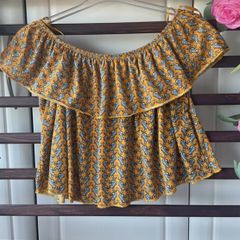 topshop off shoulder mustard patterned top size 8