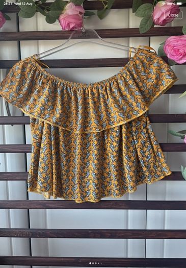 topshop off shoulder mustard patterned top size 8
