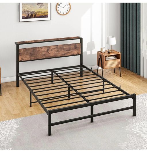 5ft King Metal Platform Bed Frame with Wooden Storage Shelf Headboard, 150x200 cm