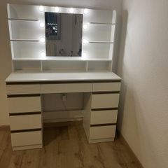 Dressing Table with LED Bulbs Mirror 9 Drawers & Shelves