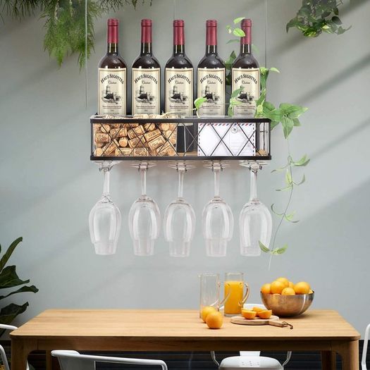 Wall Mounted Wine Rack,Metal & Wooden Wine Shelf With Glass Holder & Cork Storage,Champagne Bottle Holder,Hanging Rustic Wine Holder, Floating Wine Shelf For Kitchen, Home WK810228