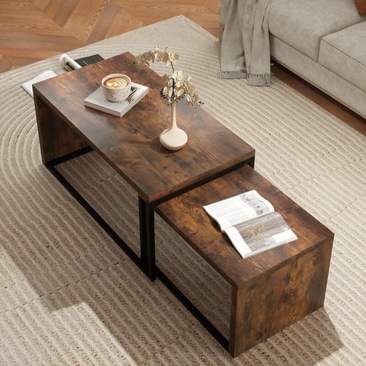 2 Piece Coffee Table Side Table, MDF, Metal