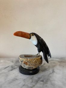Hand-Carved Gemstone Toucan on Agate Geode Base