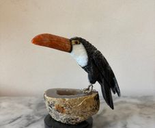 Hand-Carved Gemstone Toucan on Agate Geode Base