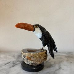Hand-Carved Gemstone Toucan on Agate Geode Base