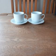 2 Denby White 1/2 pt breakfast cups with saucers