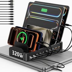 320W Charging Station for Multiple Devices with 10 Cables, 10-Port GaN USB Charger with Dual 65W PD Laptop Charging, 5 USB-C & 5 USB-A Dock for MacBook, iPhone, iPad, Tablets (Black)