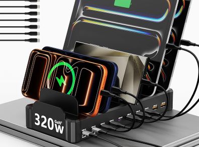 320W Charging Station for Multiple Devices with 10 Cables, 10-Port GaN USB Charger with Dual 65W PD Laptop Charging, 5 USB-C & 5 USB-A Dock for MacBook, iPhone, iPad, Tablets (Black)