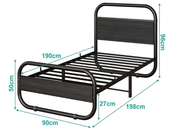 Single Bed Frame with Headboard, Black Single Bed 90x190 cm with Under-Bed Storage,Steel Slats Mattress Foundation Round Pipe Design,Black