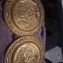 Vintage Embossed Brass Wall Hanging Plates Pair Tavern Pub Scene Image 4