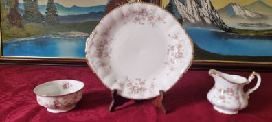 3 Piece Royal Albert / Paragon Victoriana Rose Bone China Gold Gilt Cake Plate, Sugar Bowl And Milk Jug Set Made In England