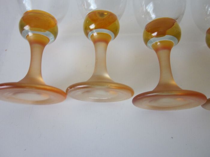Set of 6 Vintage Amber Bubble Stem Champagne Glass Flutes 18.5cm